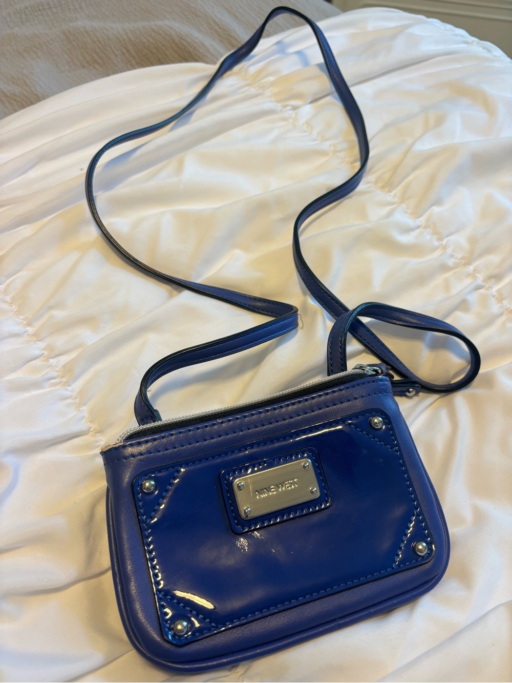 Nine West Royal Blue Patent Crossbody Bag with Silver Plaque